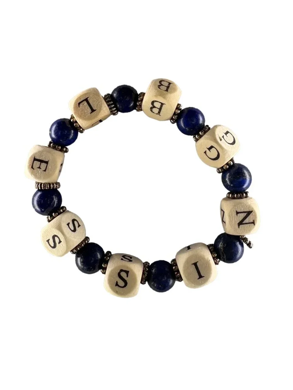 Custom Name Bracelet Personalized Wood Letter Block Natural Lapis Lazuli Gem